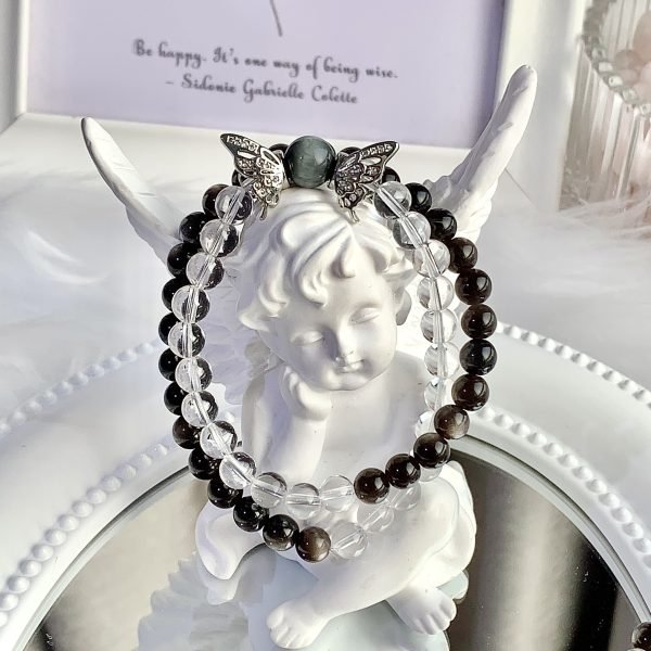 Natural Crystal Butterfly Bracelet | White Quartz & Obsidian for Clarity, Protection - Image 2
