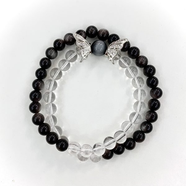 Natural Crystal Butterfly Bracelet | White Quartz & Obsidian for Clarity, Protection - Image 4