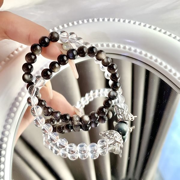 Natural Crystal Butterfly Bracelet | White Quartz & Obsidian for Clarity, Protection - Image 3