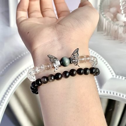 Natural Crystal Butterfly Bracelet | White Quartz & Obsidian for Clarity, Protection